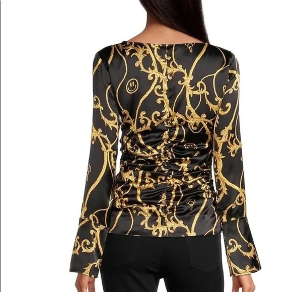 NWT Ganni Silk Stretch Blouse U-neck Gathered Fitted Black & Gold Baroque - Picture 2 of 16
